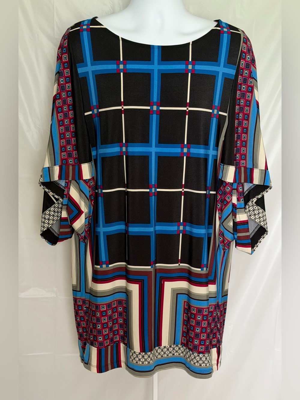 Madison XL Geometric Shift Dress Bell Sleeve Blue Red Black Boho